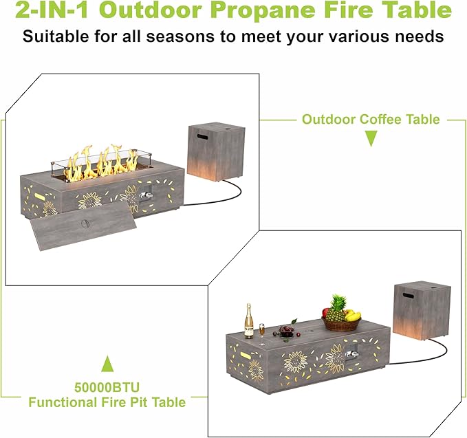 42" Firepit Table for Outside Patio with LED Light Decorative Design 50,000 BTU Includes Wind Guard, Lid, Rocks & Cover - Patio Gas Propane Fire Pit Table (Grey/Sunflower Cutout, 42" LED)
