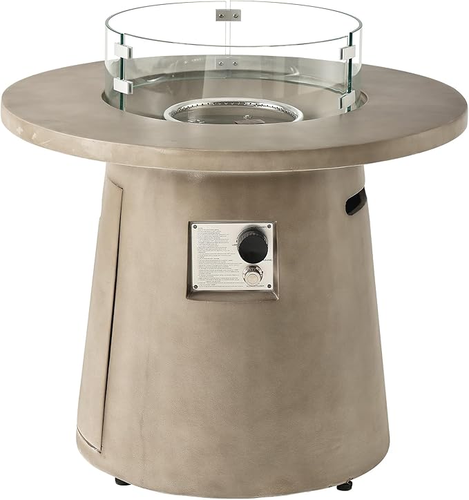 HOMPUS Outdoor Fire Pit Gray Propane Fire Table 31 inch Round Concrete Propane Fire Pit with Rain Cover 40,000 BTU Gas Smokeless Firepit for Outside Patio,Garden,Deck,Backyard