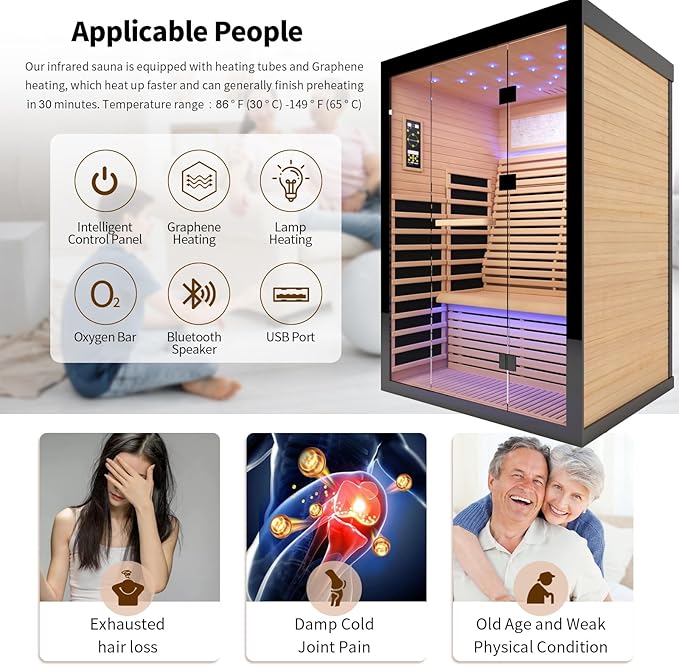 RIGO 2 Person Infrared Sauna for Home - Canadian Hemlock Luxury Spa with Exclusive Star Sky Roof & Oxygen Bar, 7 Low EMF Graphene Heaters, Bluetooth