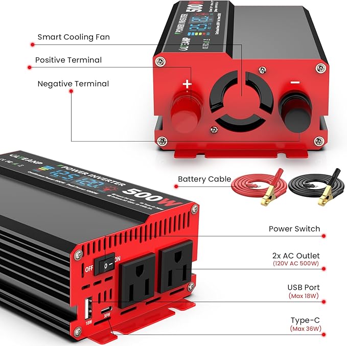 500 Watt Power Inverter 12V DC to 110V/120V AC Inverter with LCD Screen Display, 2 AC Outlets, 36W Type-C Port, 5V/3A USB Port, Car Power Converter for Truck, Home, Vehicles, Laptop, Trip