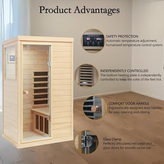 LTCCDSS Infrared Sauna, 1 Person Far Infrared Sauna for Home, with 1050W Indoor Sauna, Low EMF Heaters, 2 Bluetooth Speakers, 1 LED Reading Lamp Hemlock Wood Sauna Room Left Door