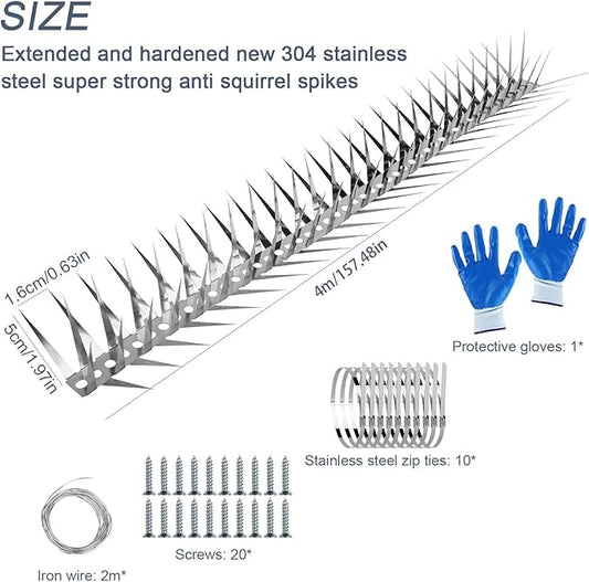 Bird Spikes,158inch Stainless Steel Bird Deterrent Spikes,Raccoon and Snake Deterrent,Squirrel Baffles for Bird Feeders,Pigeon Spikes for Outside,Anti climb spikes Garden Fences and Fruit Trees