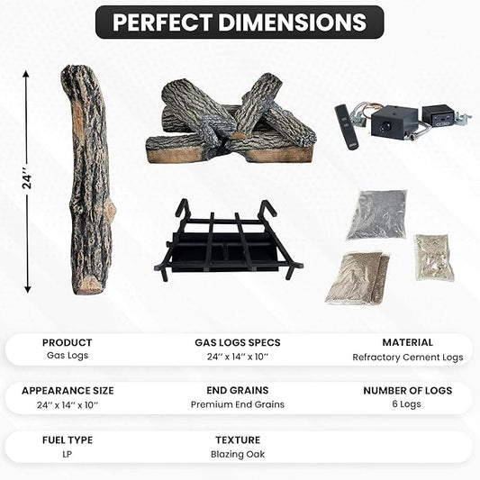 24" Premium Gas Logs - Remote Control Kit Included - for Liquid Propane Vented Fireplaces - Blazing Oak Design (Logs + Remote Light Kit)