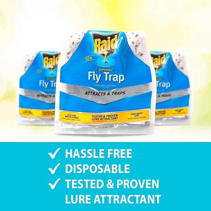 Raid Fly Trap for Outdoor Use, 6 Pack, Disposable Bag with Entry Funnel, Preloaded Lure, Water-Activated Hanging Bug Catcher for Patios, Gardens, Trash Areas, Picnics, Easy to Use & Discard