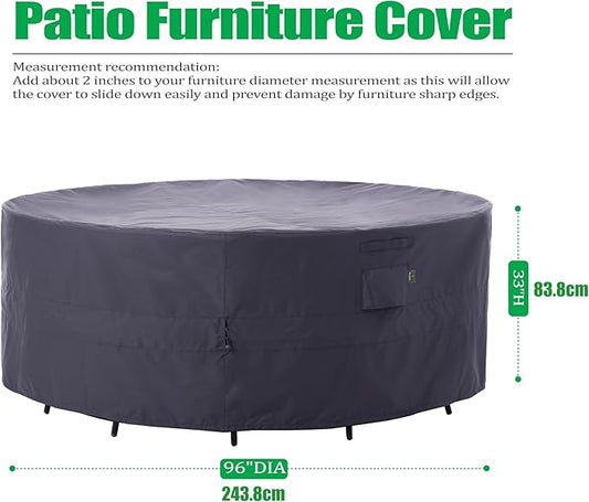 F&J Outdoors Patio Furniture Covers, Heavy Duty Tear Resistant Waterproof UV Resistant Windproof Outdoor Furniture Cover, Grey, 96" Dia x 33" H