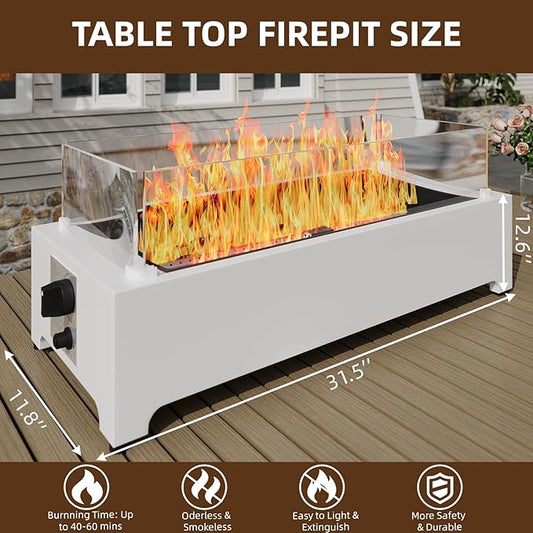 Tabletop Propane Fire Pit-31.5 in,40,000 BTU Stainless Rectangle Propane Table Top Fire Pit, Suitable for Outdoor, Patio, Balcony, w/Wind Glass Shield&Crystal Stone-Silver