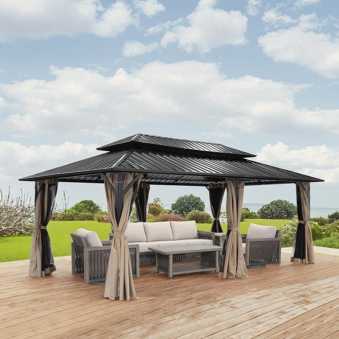 SEEHILL 12' x 20' Hardtop Gazebo, Outdoor Patio Gazebo, Aluminum Frame Patio Hardtop Gazebos with Netting and Curtain, Outdoor Patio Pergola with Double Steel Roofs for Deck, Lawns, Parties, Sandstone