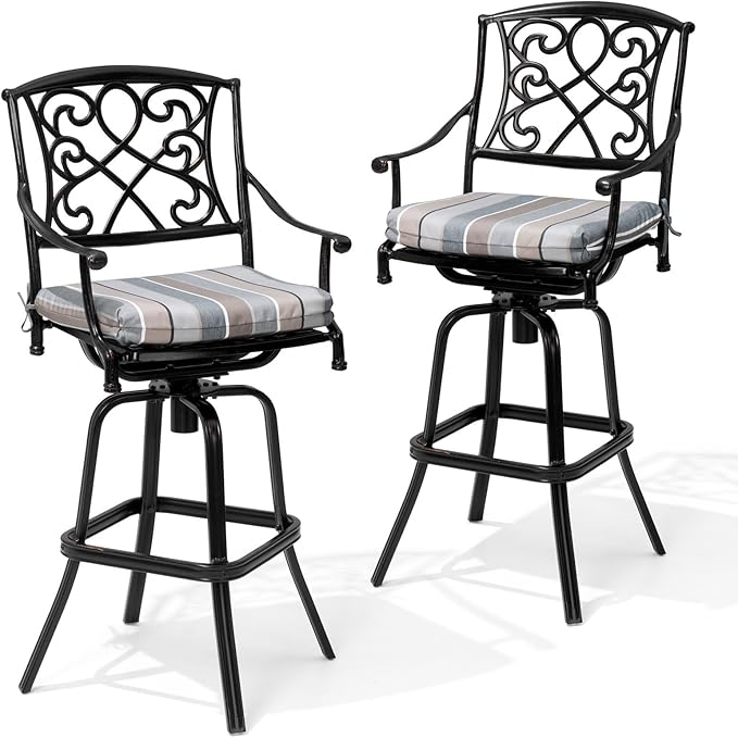 Crestlive Products Outdoor Bar Stools with Sunbrella Cushion Set of 2, 360° Swivel Patio Bar Height Chairs, All Weather Commercial Grade Furniture, Antique Brown Finish for Outside (Milano Char)