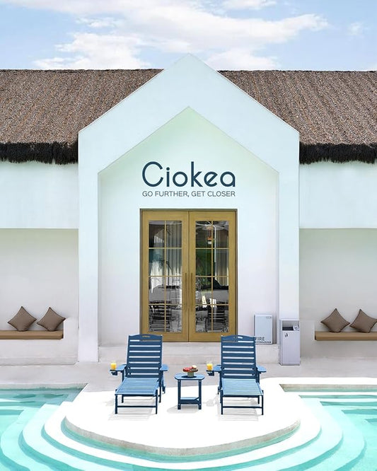 Ciokea Lounge Chair Outdoor, Oversized Chaise Lounge Chair with 5 Positions, HDPE, Patio Lounge Chair with Wheels & Cup Holder for Pool, Deck, Poolside, Azure Blue