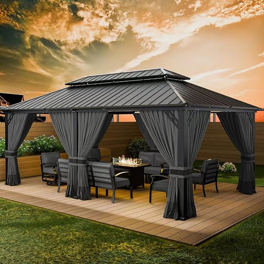 12’x20’ Hardtop Gazebo Outdoor Aluminum Frame Permanent Gazebo Galvanized Steel Double Roof Gazebos with Nettings and Curtains for Patio, Lawns,Backyard, Deck(Grey)