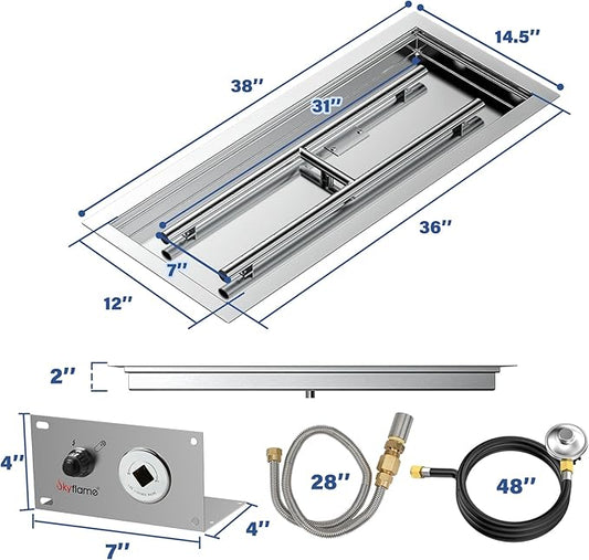 Skyflame 36 x 12 Inch Rectangular Fire Pit Pan Kit, Stainless Steel Drop-in Fire Pit Pan and Burner, Come with Spark Ignition and Propane Hose, Indoor/Outdoor Fire Table DIY Decorative