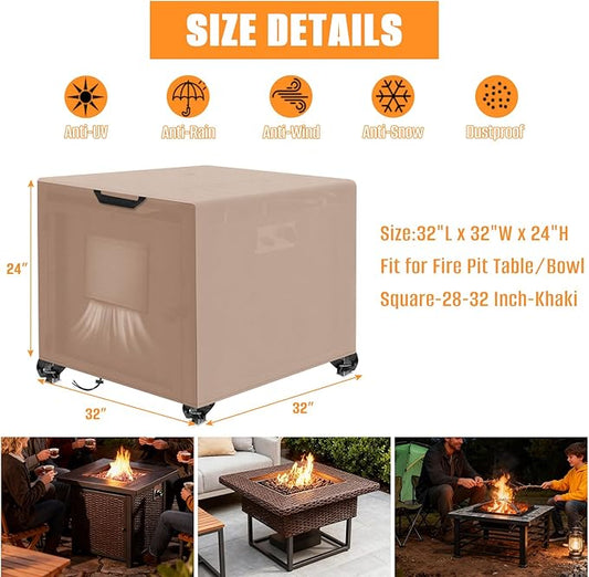 Kovshuiwe Porch Shield Fire Pit Cover Square-600D Fabric Waterproof and Resistant, Fits Outdoor For 28-32 Inch Fire Pit /Table Cover, Gas Fire Pit Cover-32"L x 32"W x 24"H, Khaki