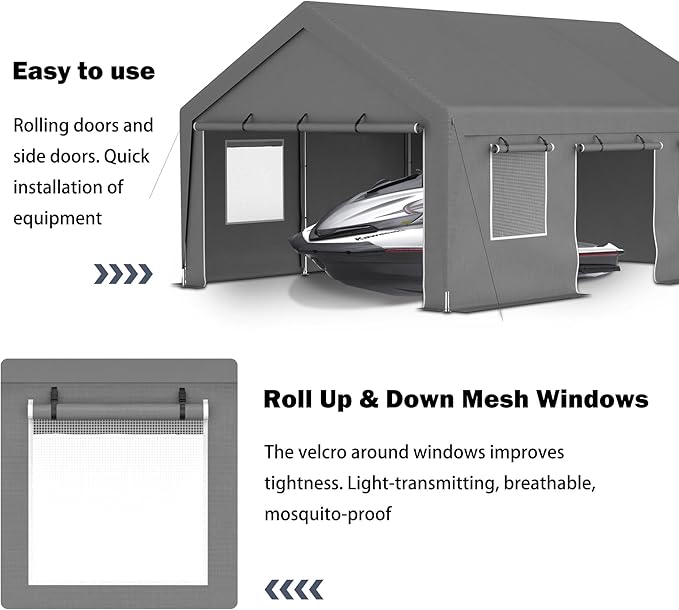 13x20 FT Canopy with 2 Roll-Up Doors,Waterproof Party Tent w/Steel Frame & Ventilation Windows,Carport & Storage Shelter for Vehicle,Car,Grey