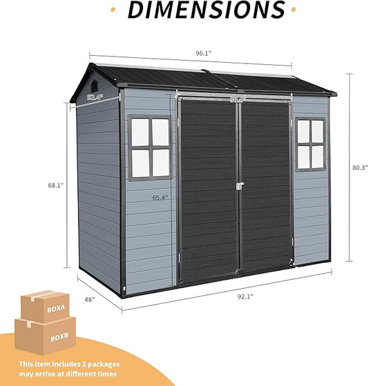 8x4FT Resin Outdoor Storage Shed with Floor and 2 Windows,Waterproof Plastic Sheds with Lockable Doors,Outside Garden Tools Sheds for Backyard Patio,Gay+Black