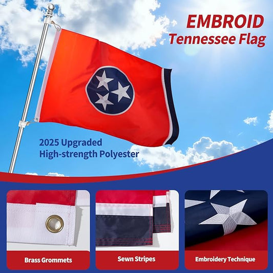 EMBROID Tennessee Flag 4x6,Tennessee State Flag Outdoor,Embroidery Technique,Tear Resistant,Sewn Stripes and Brass Grommets,Upgraded High-strength Polyester Fabric,All Weather Durable State Flags.