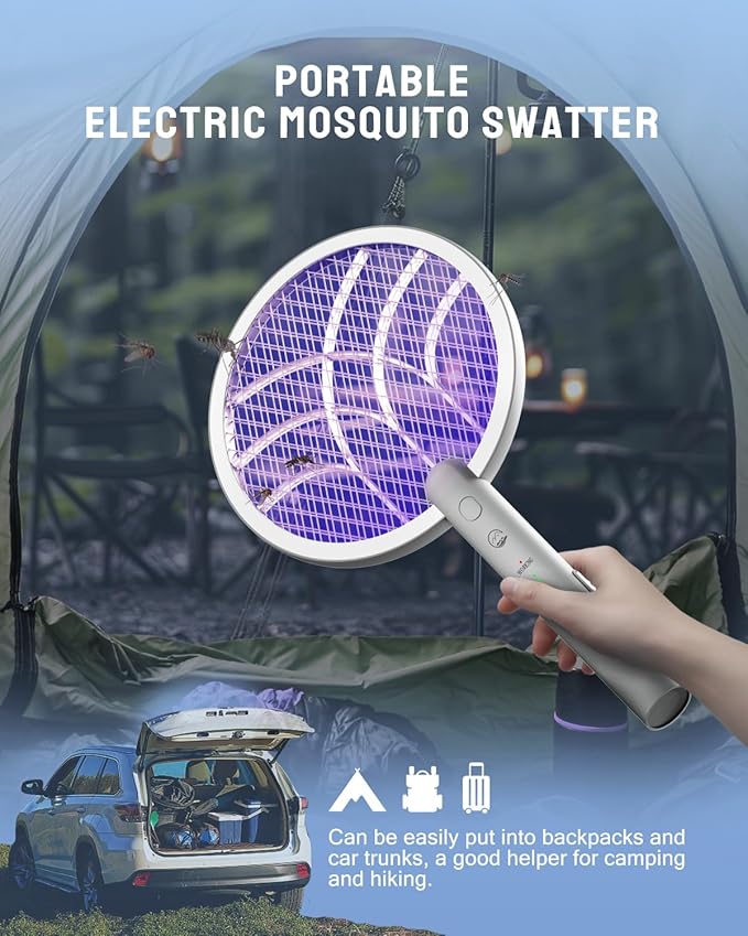 Electric Fly Swatter Racket, Mosiller 2 in 1 Smart Bug Zapper & Power Take Off Generators with USB Rechargeable Base, Powerful Mosquitoes Trap Lamp & Fly Killer for Home, Bedroom (Light Grey(1 Pack))