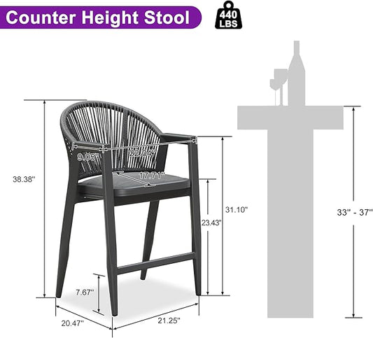 PURPLE LEAF Outdoor Bar Stools Set of 3 Wicker Bar Stools Woven Bar Height Stool Bar Chairs Aluminum Barstool with Table for Patio Kitchen Island Lawn Grey