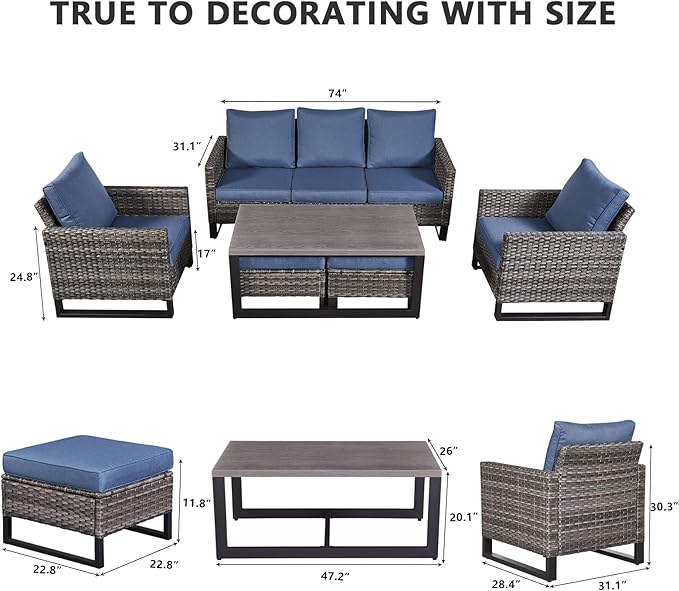 HUMMUH 6 Piece Patio Furniture All Weather Wicker Outdoor Sectional Sofa,High Back Patio Chairs,Coffee Table and Ottomans Set for Porch,Garden,Backyard