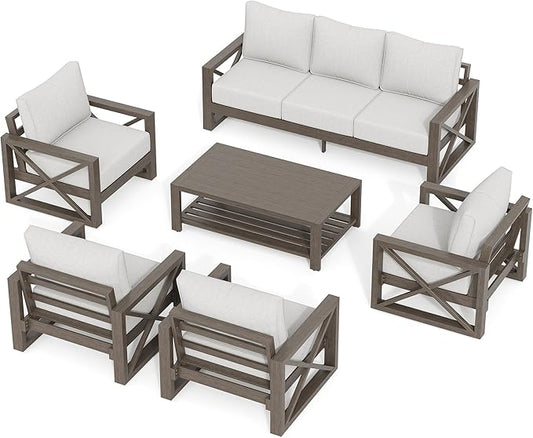 UDPATIO 6 Piece Aluminum Patio Furniture Set 7 Seats Modern Outdoor Furniture Faux Wood Grain Patio Conversation Sets with Olefin Fabric Thick Cushions, 600D Waterproof Cover Included, Light Grey