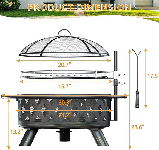 Amopatio Outdoor Fire Pit with Lid, 30 Inch Large Outdoor Wood Burning Fire Pits, Patio Backyard Firepit with Steel BBQ Grill Cooking Grate, Spark Screen & Poker for Garden, Bonfire, Camping, Picnic
