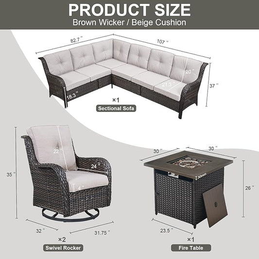 Belord Outdoor Sectional Sofa Furniture Set with Propane Fire Pit Table, Wicker Patio Conversation Set with 2 Swivel Glider Rocker Chairs Beige Cushion Perfect for Backyard Casual Gathering