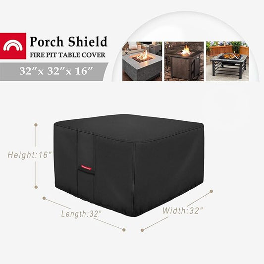 Porch Shield Fire Pit Cover - Waterproof 600D Heavy Duty Fade Resistant Square Patio Fire Pit Table Cover Black - 32 x 32 inch