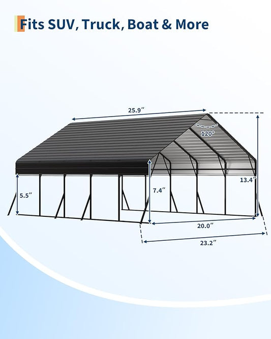 20x25 FT Heavy Duty Metal Carport Kit with Reinforced Frame & Anchor Bolts, for RV, Truck, Boat, Tractor Shelter, 100MPH Wind/35PSF Snow Rating, Easy Assembly