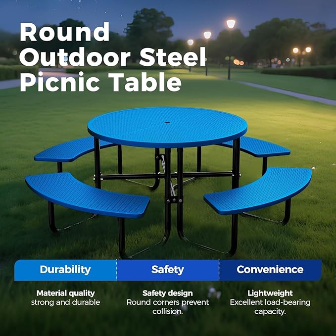 KUFUH 46" Coated Round Metal Picnic Table for 4-8 Person, Durable Heavy Duty Commercial Picnic Table with Umbrella Hole for Outdoor Coffee Shop, School, Easy to Install, Blue