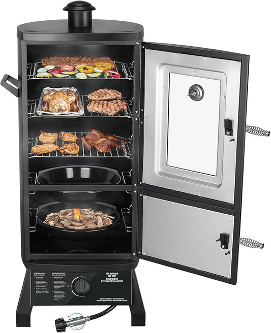 Propane Smoker with Cover, Vertical Meat Gas Smoker Grill Outdoor Heavy Duty 3 Removable Smoking Racks, Black