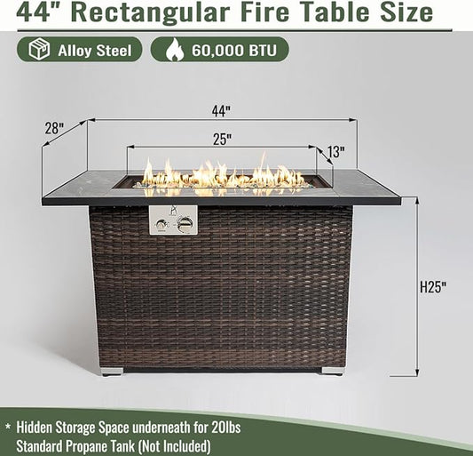Outdoor Propane Fire Pit Table for Outside Patio, 43 Inch Wicker Firepits for Outside, Rectangle Gas Fire Pit for Garden, Pool, Backyard, 50,000 BTU, Tank Inside, Espresso Color