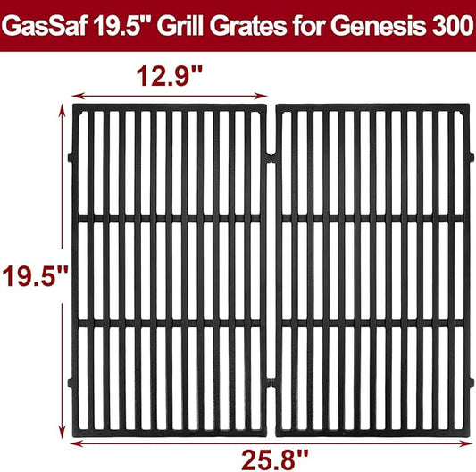 GasSaf 19.5 inch Grill Grates Replacement for Weber 7524, 7528, Genesis 300 E310 E320 E330 S310 S320 S330 EP310 EP320 EP330 Gas Grill, Set of 2 Cast Iron Cooking Grid Grates(19.5" x 12.9" x 0.5")