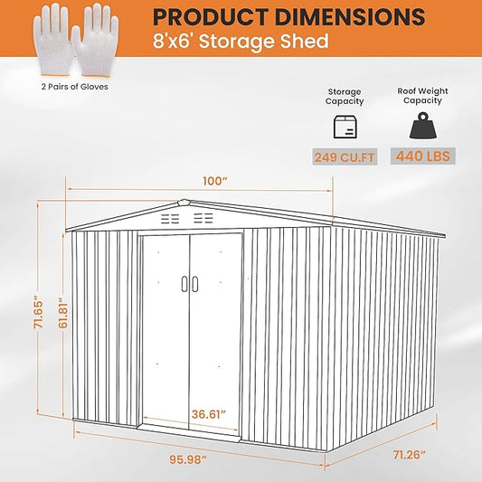8x6 FT Outdoor Metal Storage Shed with Lockable Garden Shed Steel Anti-Corrosion Storage House with Sliding Lockable Door for Backyard Outdoor Patio, Light Gray