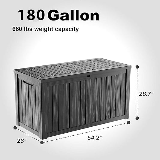 EasyUp 180 Gallon Outdoor Deck Box Waterproof, UV Resistant Resin Outdoor Storage Box with Hydraulic Rod for Delivery, Porch, Patio and Garden, Black