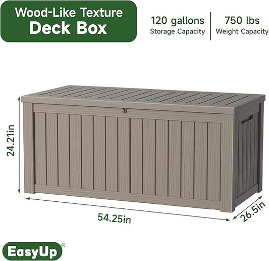 EasyUp 120 Gallon Outdoor Storage Box, Resin Waterproof UV-Resistant Deck Box with Hydraulic Lid Support, Reinforced Stability for Patio, Garden, and Poolside, Striped Gray