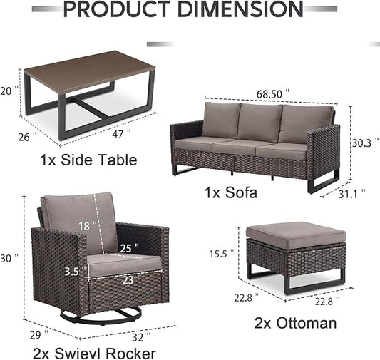 6 Piece Wicker Patio Furniture Set - Outdoor Swivel Rocker Chairs Set with Coffee Table, 3 Seat Sofa & Ottomans, Small Patio Conversation Sets Proch Furniture for Balcony Deck - Brown/Grey