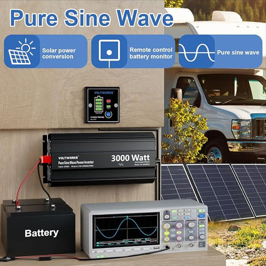 3000 Watt Pure Sine Wave Inverter 12V DC to 110V 120V AC with UL Fuses 3000W Power Inverter for Home RV Truck Off-Grid Solar with AC Hardwire 30A Compatible with Lithium Battery VOLTWORKS