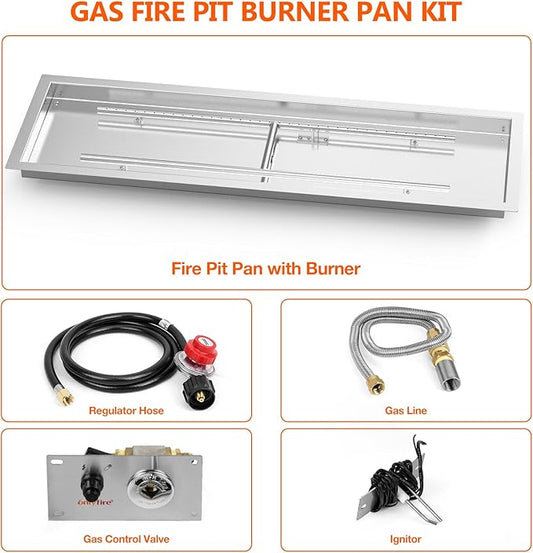 Onlyfire 48 x 14 Inch Drop-in Fire Pit Pan Kit, Rectangular Stainless Steel Propane Gas Firepit Pan Kit with H Burner, Spark Ignition and Propane Hose Kit for Indoor or Outdoor DIY Fire Pit Fireplace
