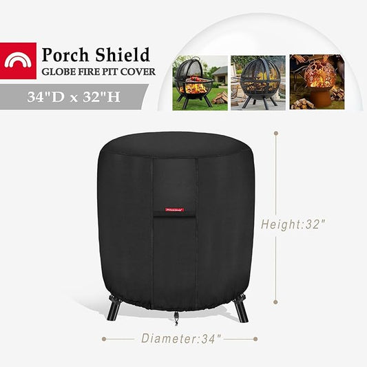 Porch Shield Fire Pit Cover Waterproof Outdoor 600D Round Firepit Cover for Ikuby Globe Fire Ball - 36" D x 34" H, Black