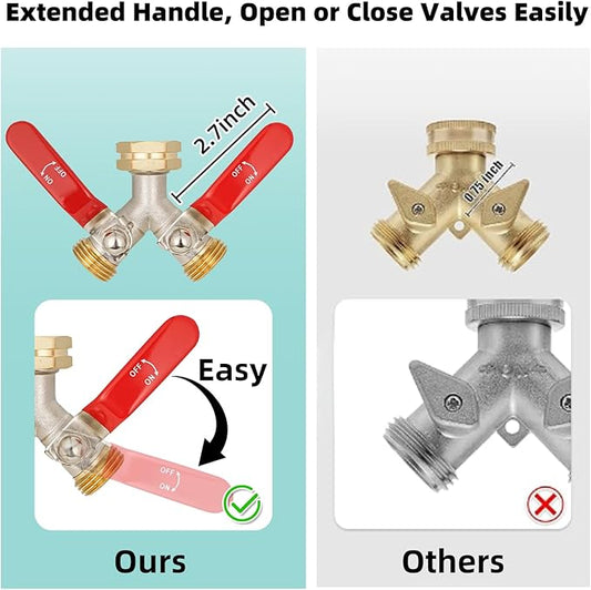 Hose Splitter 2 Way, High Flow Garden Hose Splitter, 3/4” Ght Inlet Brass Heavy Duty Hose Converter, Full Flow water 2 Way Faucet hose splitter, Long Handle Hose Valve Large Outlet.