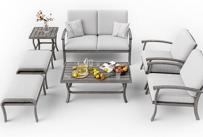 HAPPATIO 7 Piece Aluminum Patio Furniture Set, Outdoor Armchairs with Ottomans and Loveseat, Outdoor Sectional Sofa with Side Table and Coffee Table, Garden Conversation Set for Lawn(Gray)