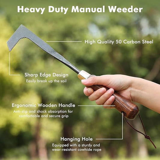 RESTMO Heavy Duty Crack Weeder Tool, Crevice Weeding Tool for Garden Lawns, Courtyards, and Patio Paving with Moss, L-Shaped Manual Weeder, Wooden Handle Gardening Tool