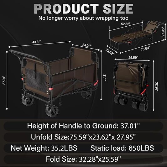LEVELEVE Heavy Duty Folding Wagon - 2-in-1 Collapsible Cart, 650lb Capacity, All-Terrain Wheels w/Brakes & Side Pockets