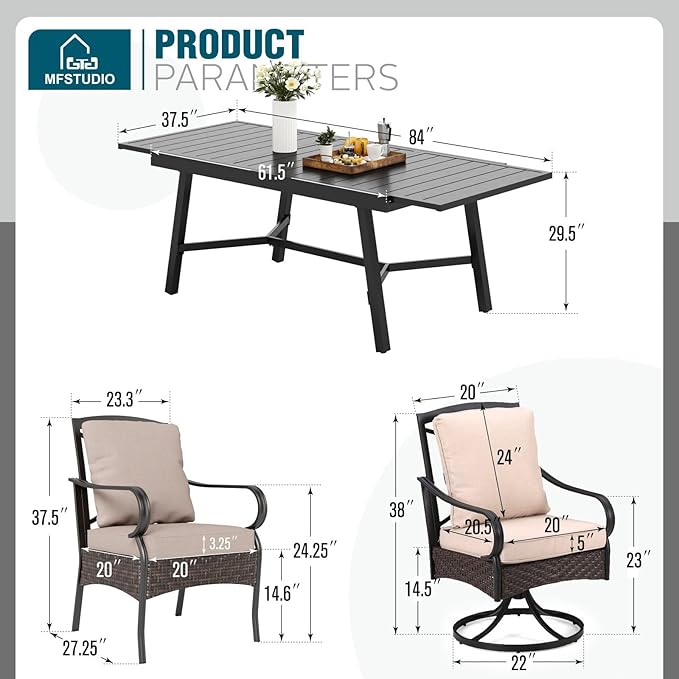 MFSTUDIO Patio Expandable Dining Sets for 8, Metal Rectangular Table and Swivel & Leg Chairs, Expandable Patio Table Set, 8 Oversized Wicker Chairs, 9 Pieces Heavy Duty Outdoor Dining Furniture