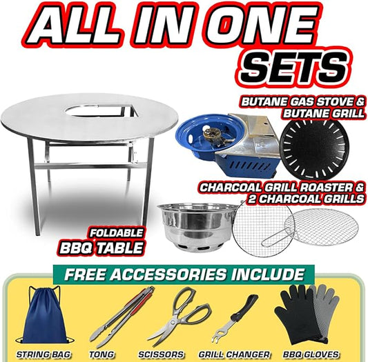 43.5" X 30" Korean BBQ Grill Foldable Outdoor Large Table All-In-One Set (Gas + Charcoal)