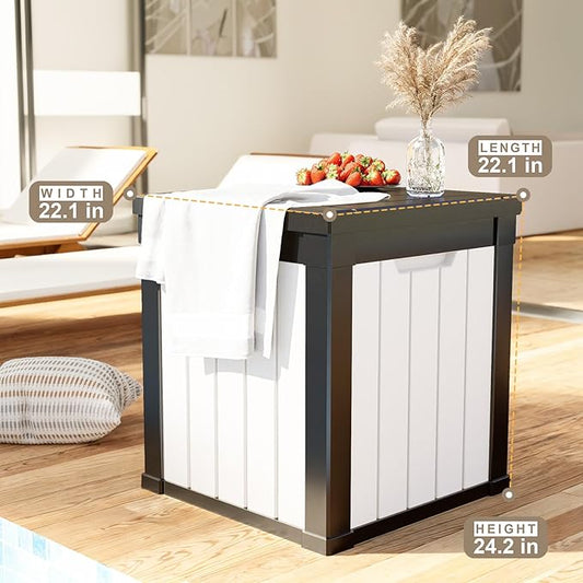 ROJIK Outdoor Storage Housing Deck Box - Waterproof Patio Furniture, Garden Tools, Cushions, Pool Accessories Storage Bench with Lockable Lid and Side Handles (Black & Whiter, 50 Gal)