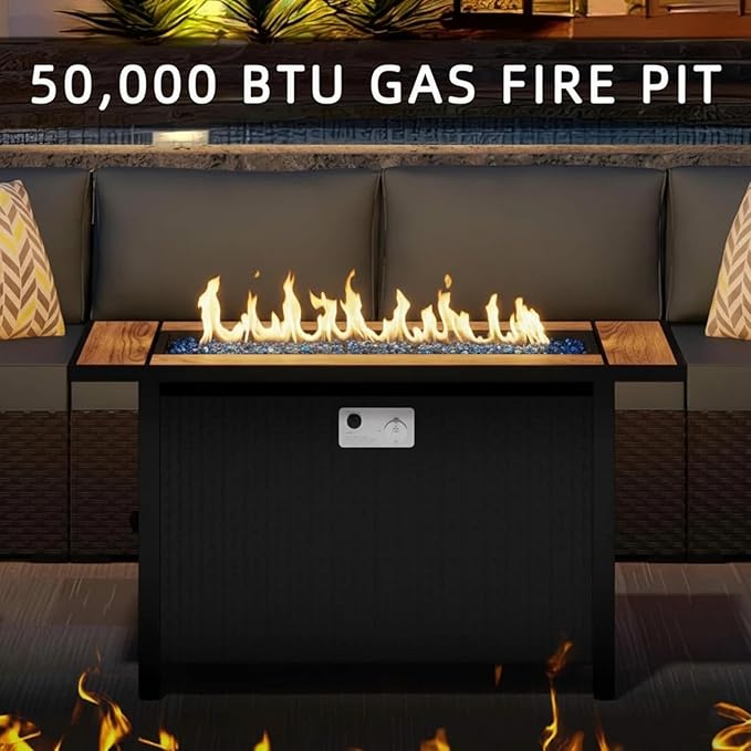 JAMFLY Propane Fire Pit Table 45 Inch, 50,000 BTU Outdoor Gas Firepit Table for Outside Patio, Blue Glass Rocks,Waterproof Cover, Gray