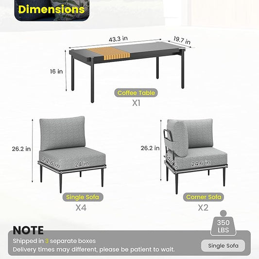 Sundale Outdoor 7 Pieces Metal Patio Furniture Set, Outdoor Sectional Sofa with 6 Inch Olefin Cushion, Modern Outdoor Conversation Sets (6 Seats, Grey Frame)