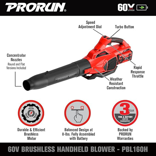 PRORUN 60V 680 CFM 190 MPH Brushless Cordless Handheld Leaf Blower with 2.5 Ah Battery and Charger PBL160H
