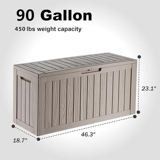 90 Gallon Outdoor Storage Box - Deck Box Container for Patio, Pool, and Garden-Waterproof and UV Resistant Resin,Lockable (Grey)