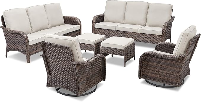 Wicker Outdoor Patio Furniture Set-6 Pieces All-Weather Wicker Outdoor Furniture with Swivel Rocking Chairs Set of 2 Patio Conversation Sets for Garden,Backyard,Deck Brown/Beige